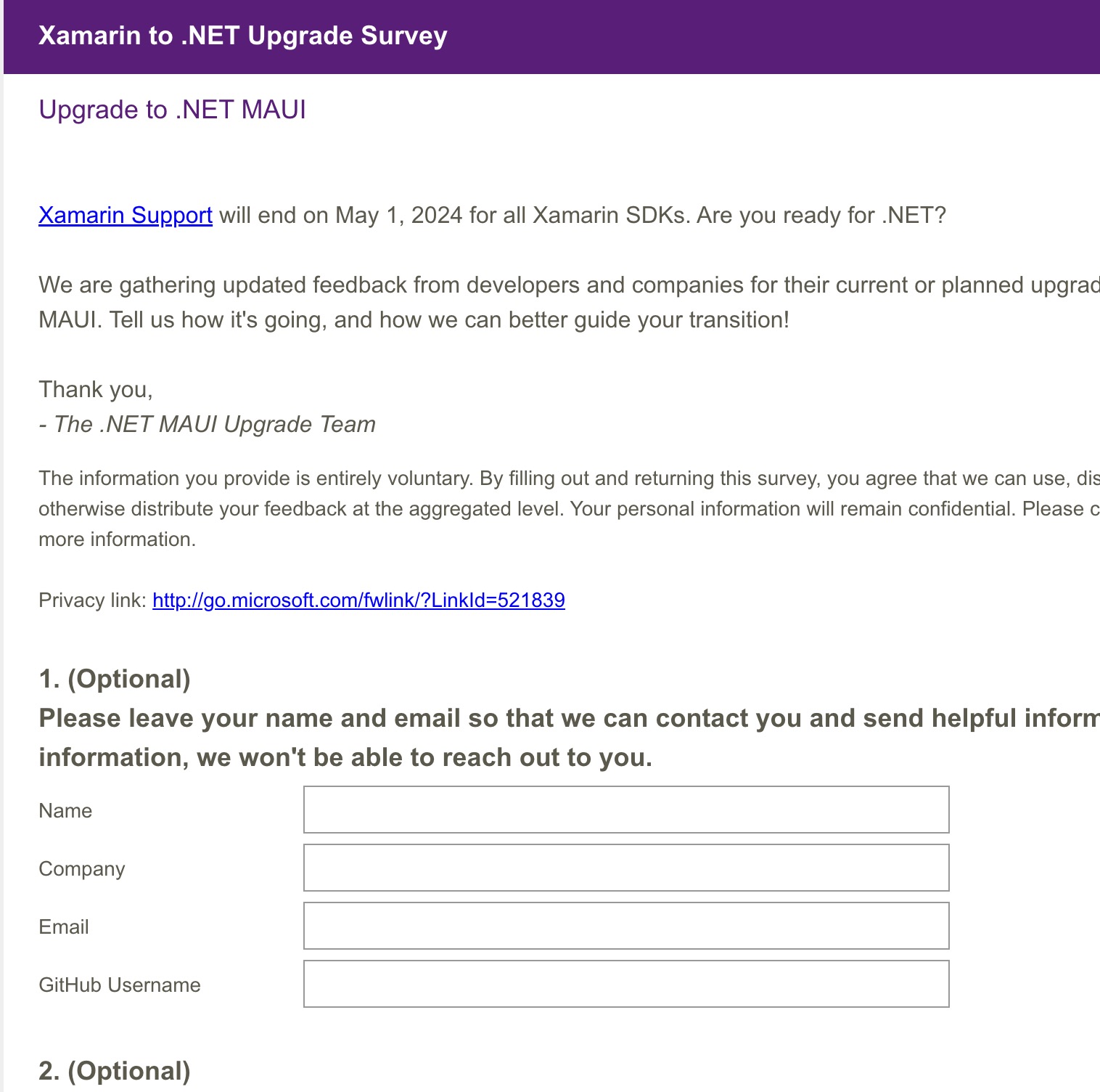 Xamarin to .NET MAUI Upgrade Survey